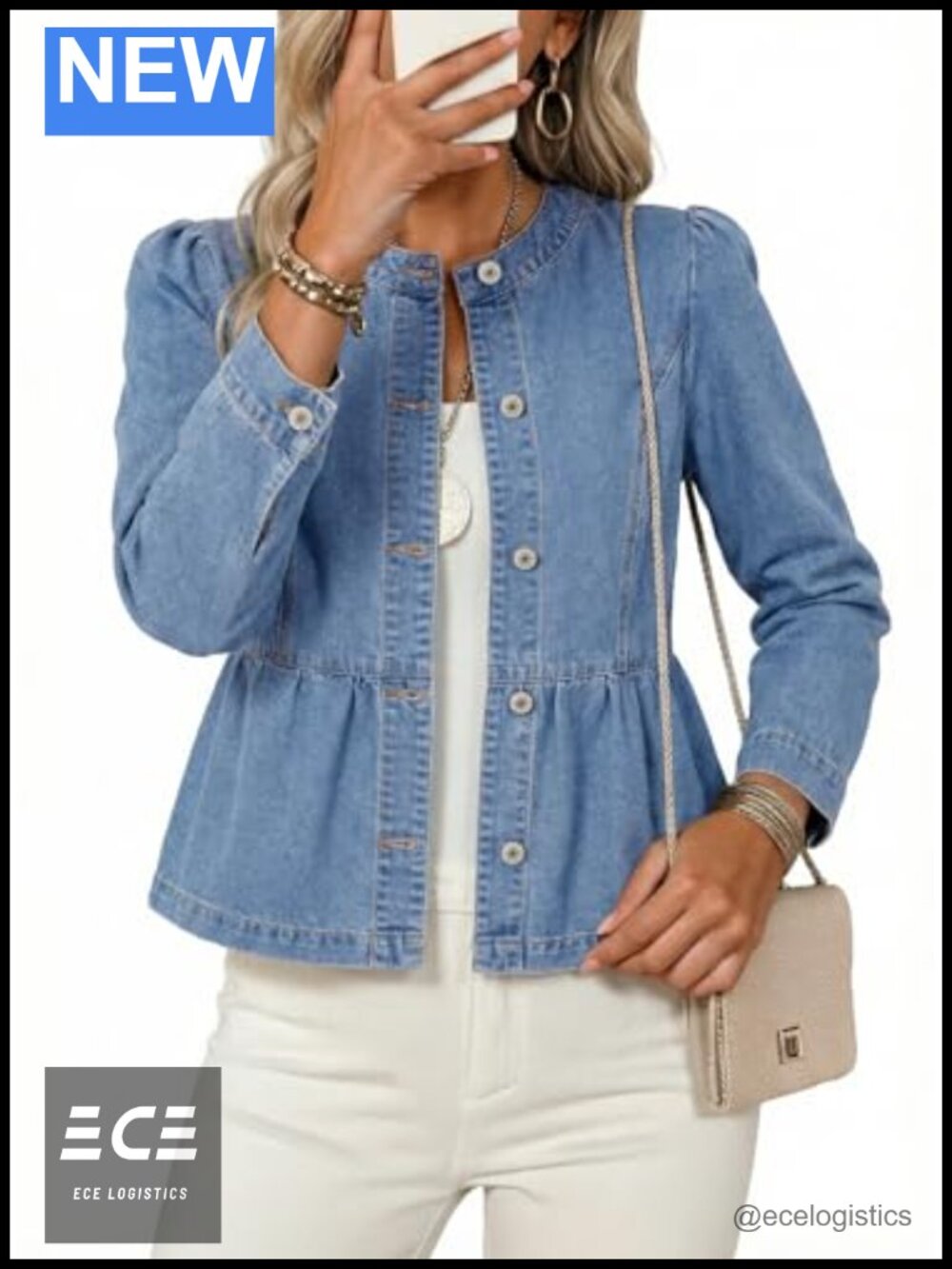 Cropped Peplum Denim Jacket Button Down Puff Sleeve Collarless Ruffle